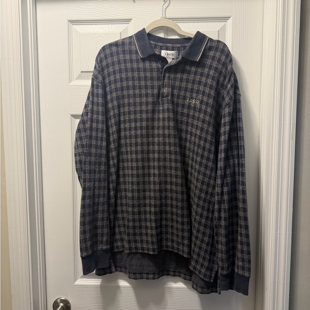 IZOD Men's Blue and White Checkered Polo Shirt